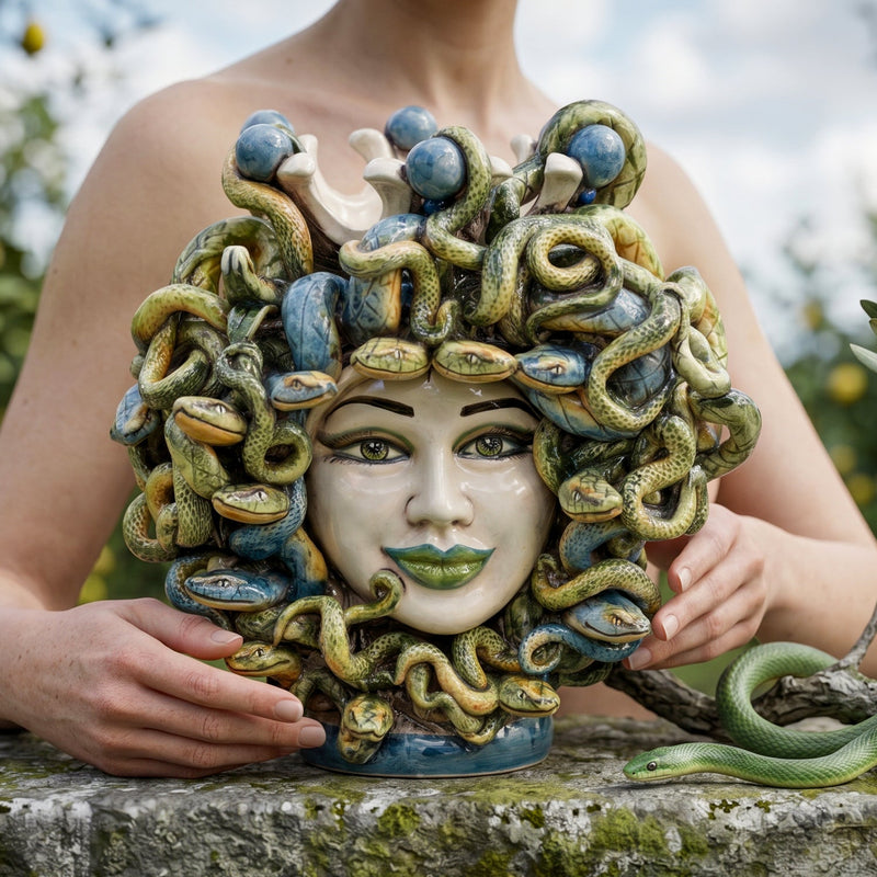 Medusa Head Vase with Blue Beads and Green Lips H 25 cm / 9¾", Colored Mother of Pearl – Testa di Moro from Caltagirone, Sicily