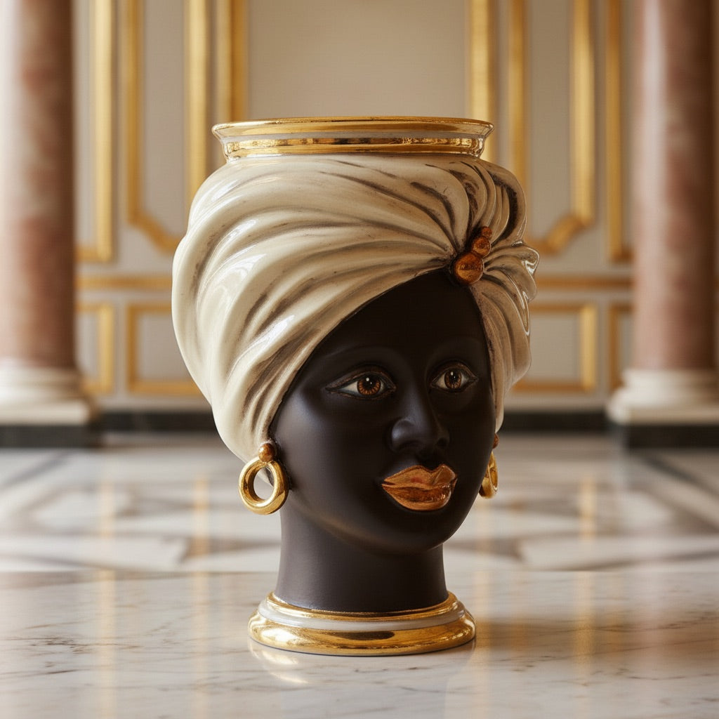 Tuareg Head Vase H 20 cm / 7.9", Woman, Mother of Pearl – Testa di Moro from Caltagirone, Sicily