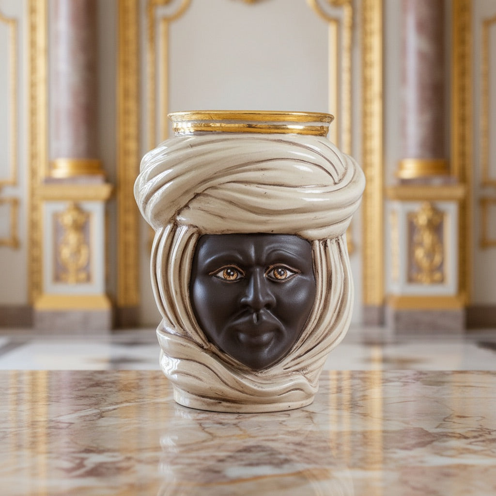 Tuareg Head Vase H 20 cm / 7.9", Man, Mother of Pearl – Testa di Moro from Caltagirone, Sicily