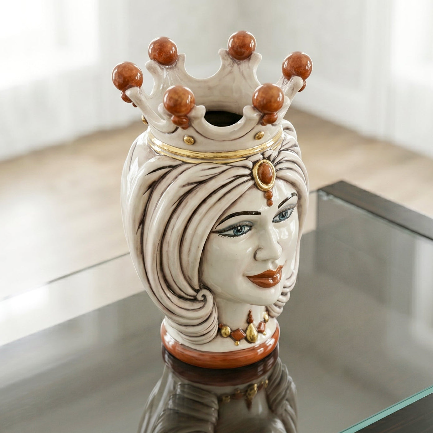 Moor's Head Vase with Turban H 25 cm / 9.8", Woman, Mother of Pearl – Testa di Moro from Caltagirone, Sicily