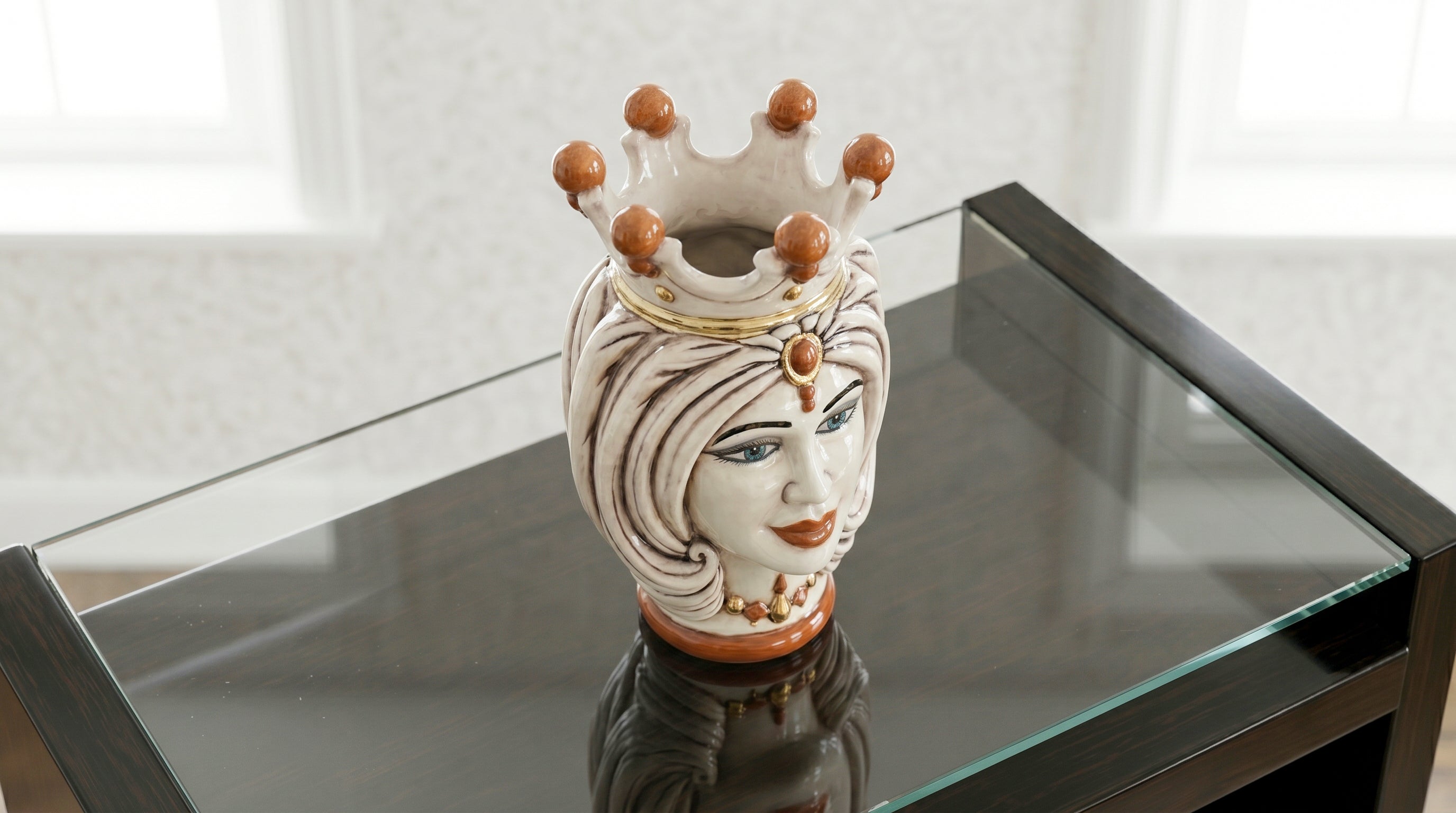 Moor's Head Vase with Turban H 25 cm / 9.8", Woman, Mother of Pearl – Testa di Moro from Caltagirone, Sicily