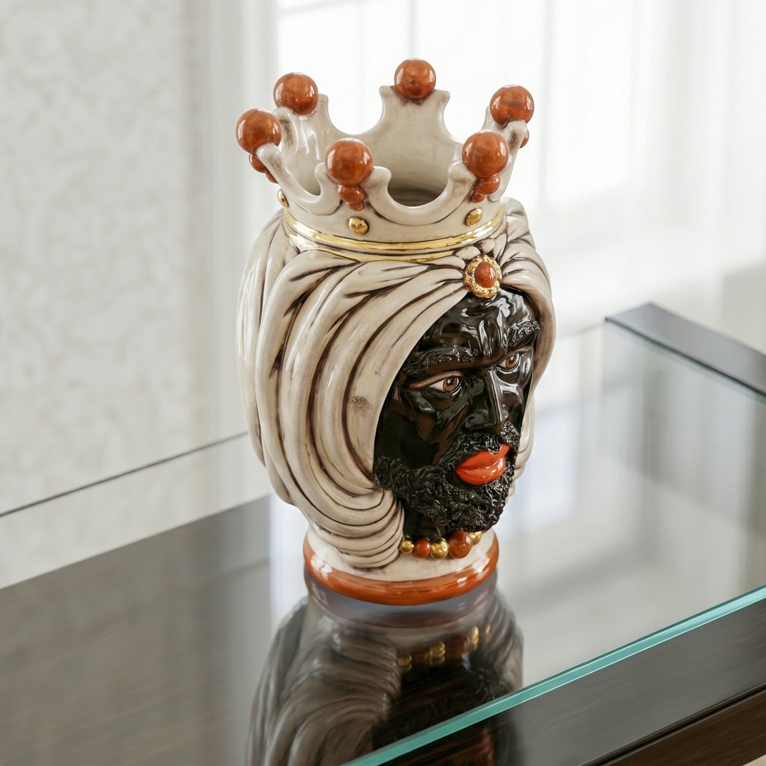 Sicilian Moor's Head with Turban H 25 cm / 9.8", Moro Man, Mother of Pearl – Testa di Moro from Caltagirone, Sicily