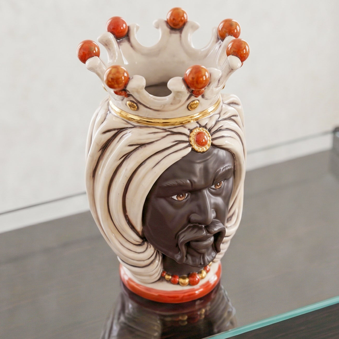 Testa di Moro with Turban H 25 cm / 9¾" — Moro Male, Antique Mother of Pearl & Gold | Sicilian Ceramic
