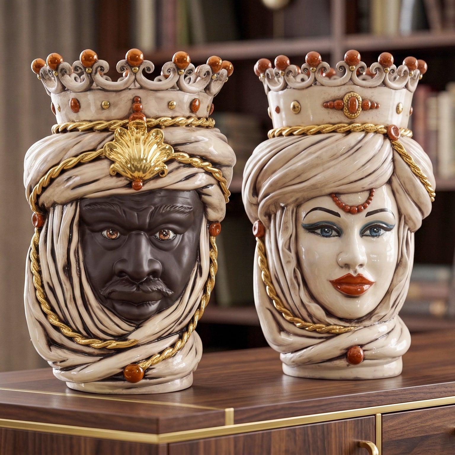 Sicilian Moor's Head H 48 cm / 18.9", Woman, Antique Mother of Pearl Gold – Testa di Moro from Caltagirone, Sicily