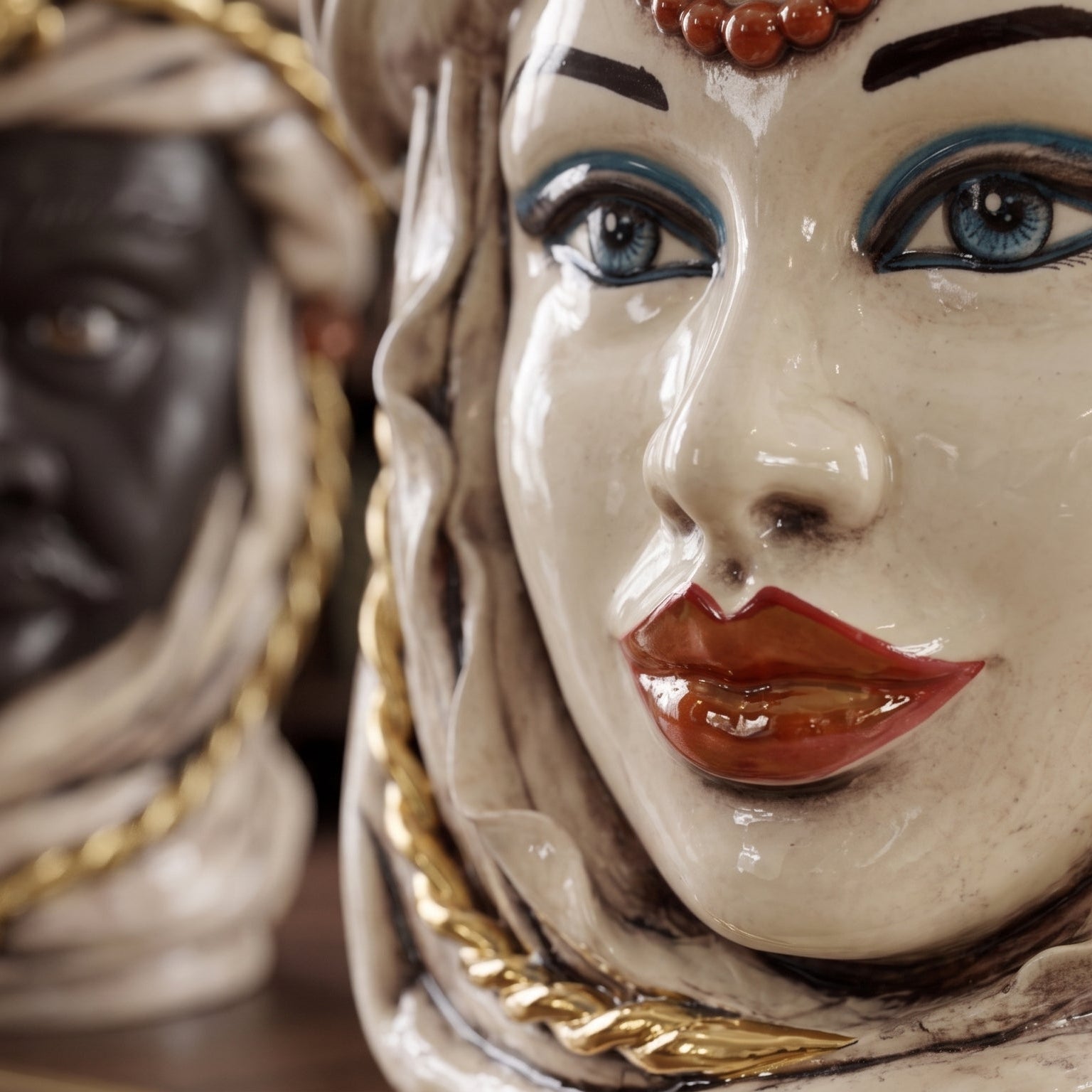 Sicilian Moor's Head H 48 cm / 18.9", Woman, Antique Mother of Pearl Gold – Testa di Moro from Caltagirone, Sicily
