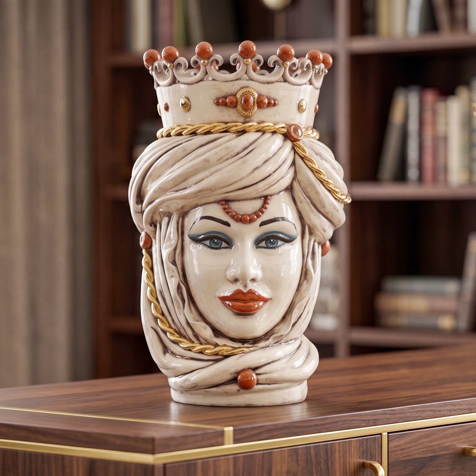 Sicilian Moor's Head H 48 cm / 18.9", Woman, Antique Mother of Pearl Gold – Testa di Moro from Caltagirone, Sicily
