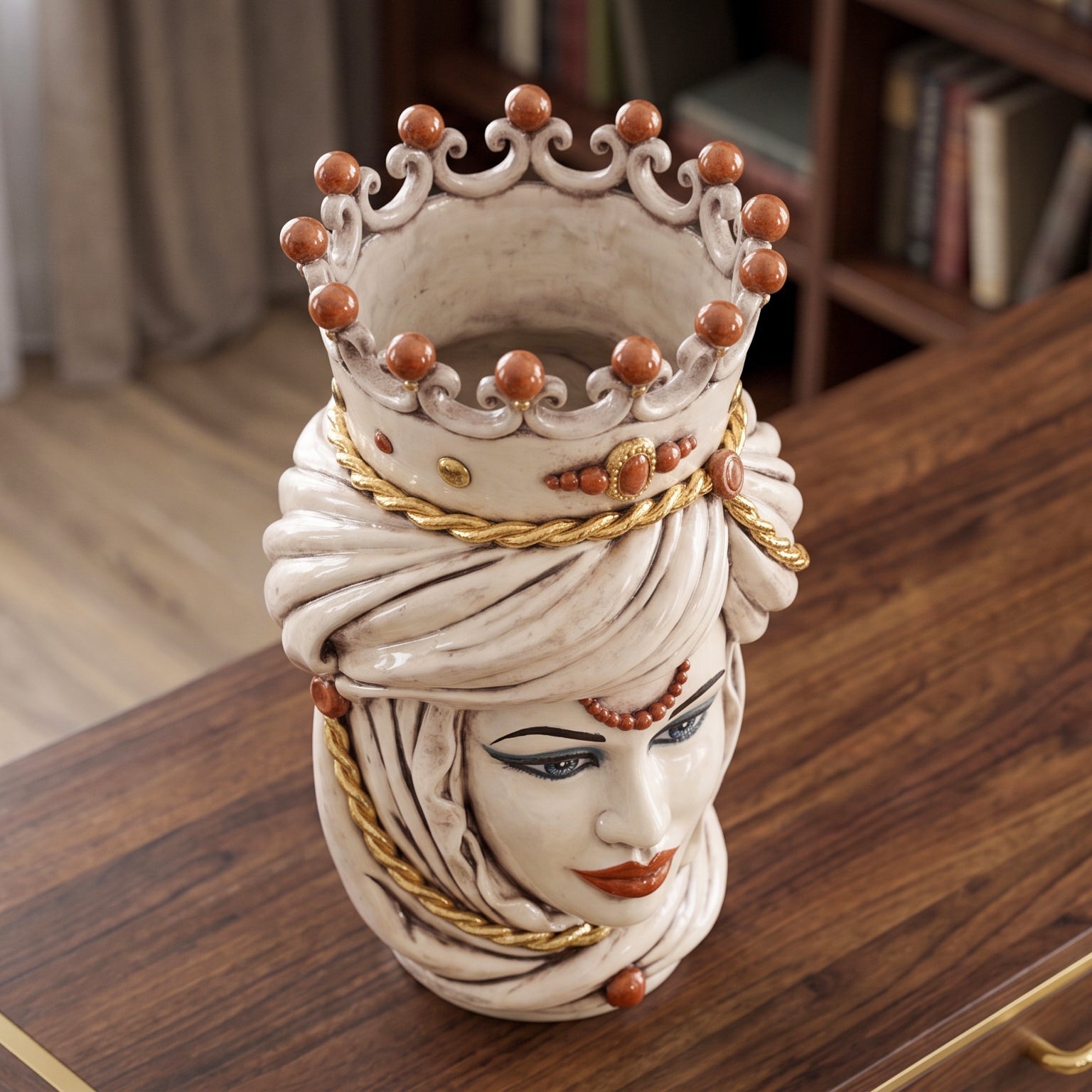 Sicilian Moor's Head H 48 cm / 18.9", Woman, Antique Mother of Pearl Gold – Testa di Moro from Caltagirone, Sicily
