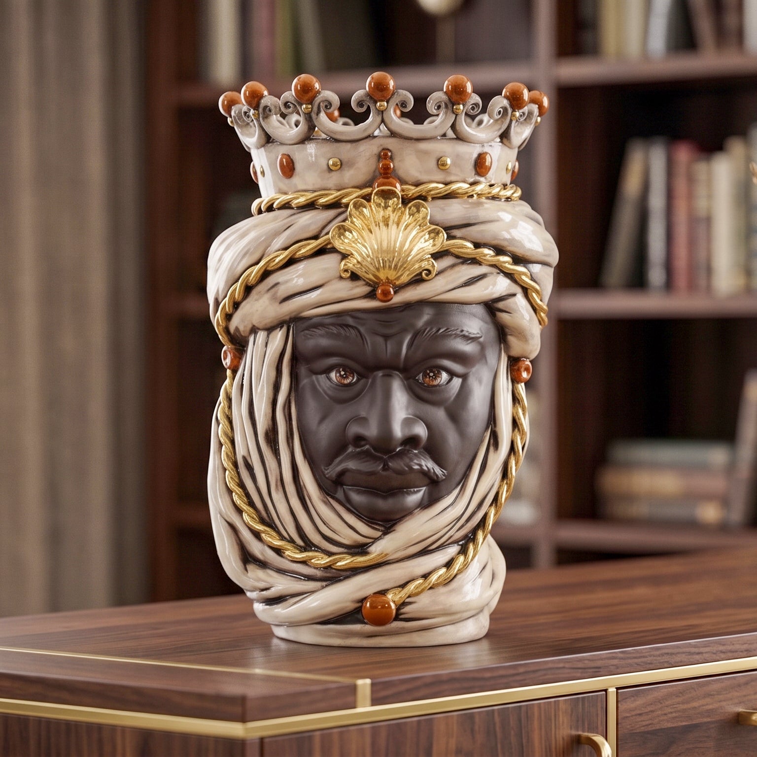 Sicilian Head Vase H 48 cm / 18.9", Moro Man, Antique Mother of Pearl Gold – Testa di Moro from Caltagirone, Sicily