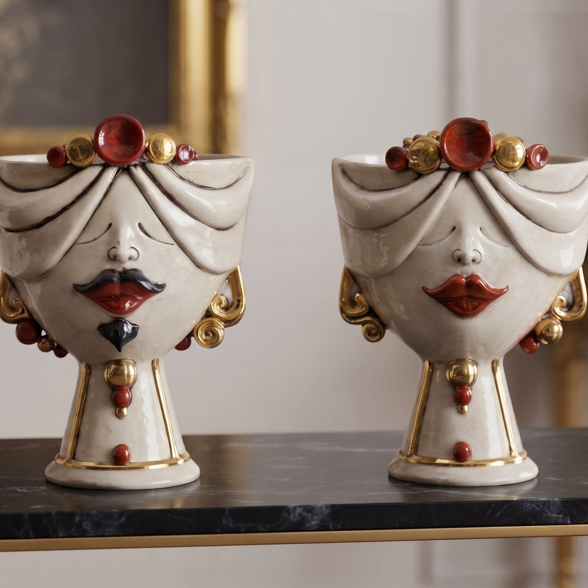 Zahira Sicilian Head Vase H 30 cm / 11.8", Woman, Antique Mother of Pearl, Gold and Lustres – Testa di Moro from Caltagirone, Sicily