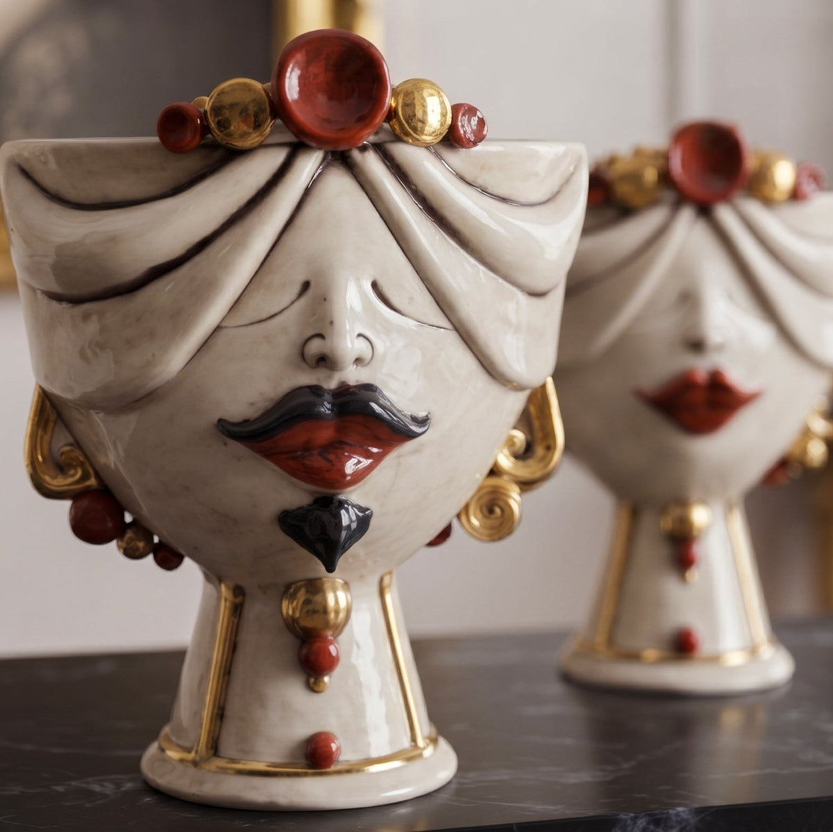 Zahira Moor's Head Vase H 30 cm / 11.8", Male, Antique Mother of Pearl, Gold and Lustres – Testa di Moro from Caltagirone, Sicily