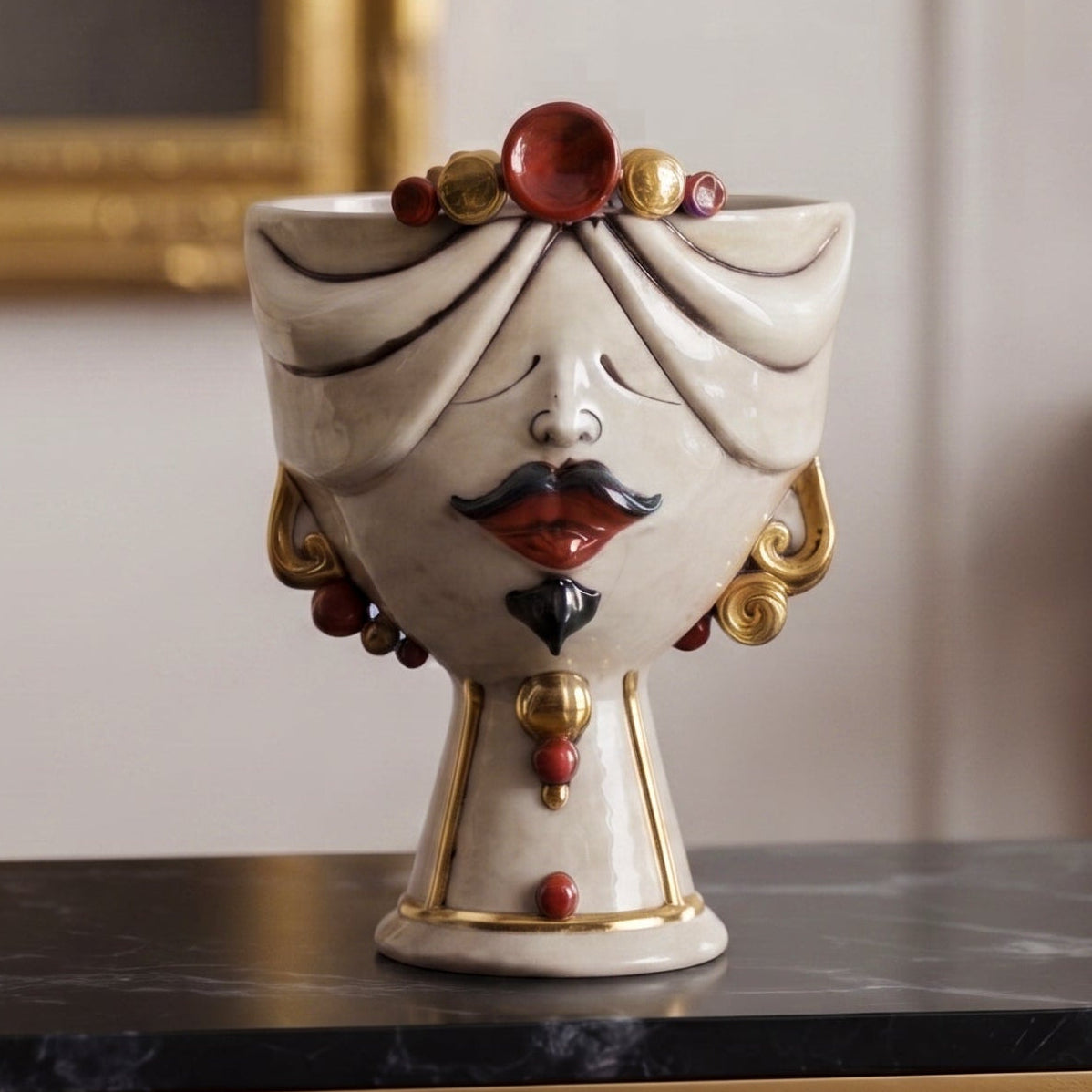 Zahira Moor's Head Vase H 30 cm / 11.8", Male, Antique Mother of Pearl, Gold and Lustres – Testa di Moro from Caltagirone, Sicily