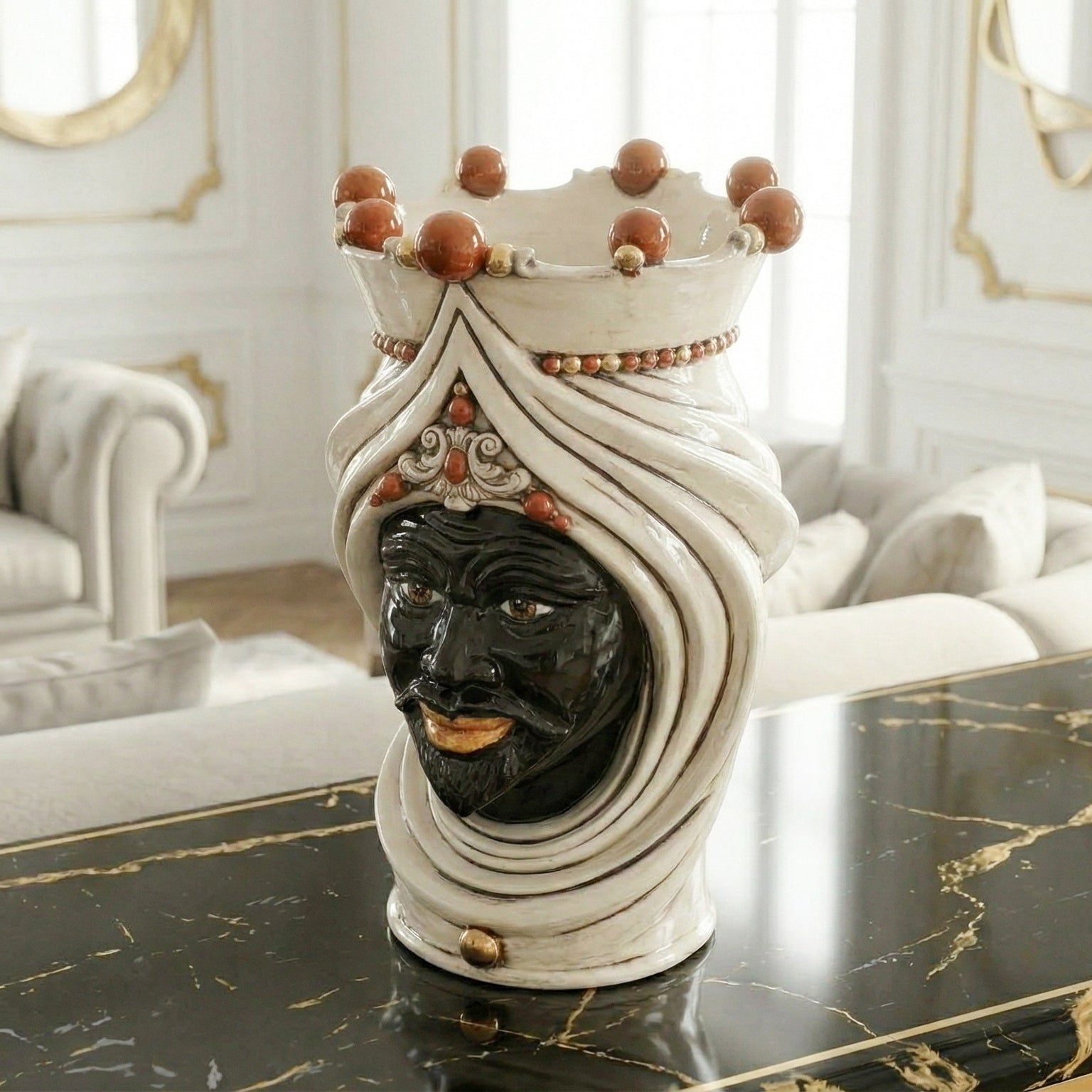 Moor's Head Vase with Turban H 45 cm / 17.7", Man, Antique Mother of Pearl – Testa di Moro from Caltagirone, Sicily