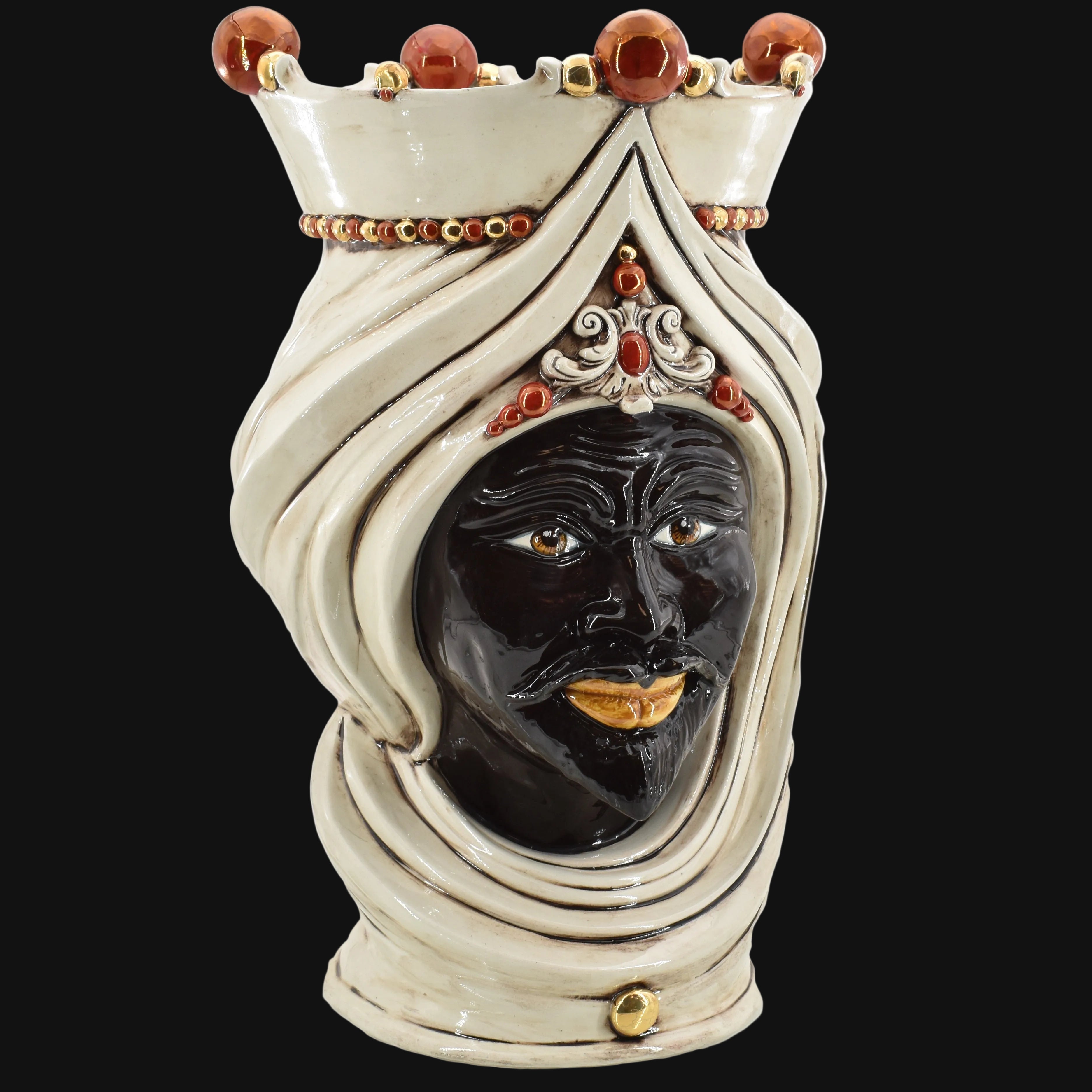 Moor's Head Vase with Turban H 45 cm / 17.7", Man, Antique Mother of Pearl – Testa di Moro from Caltagirone, Sicily