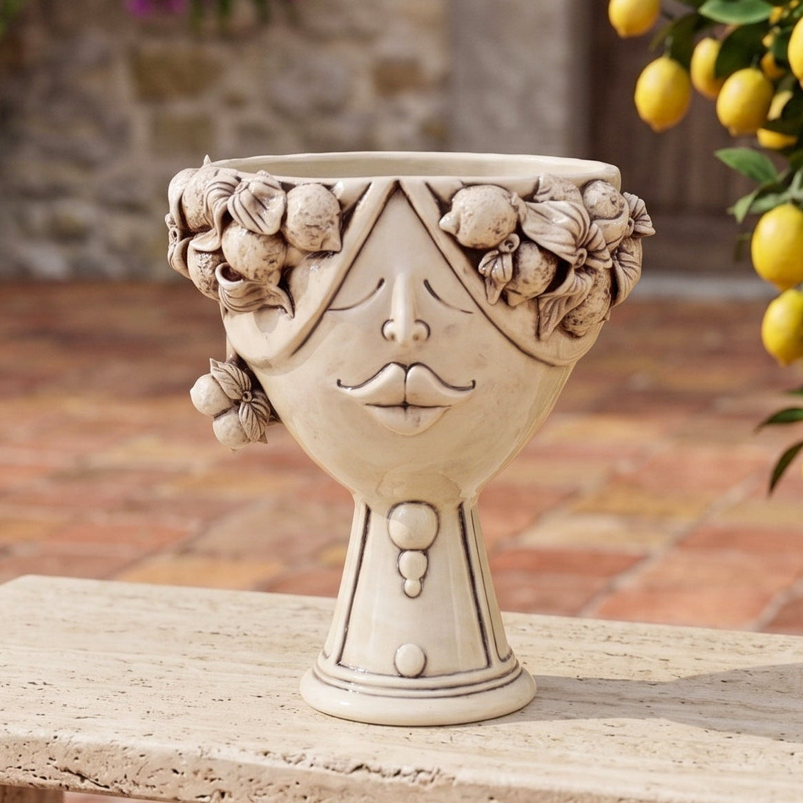 Zahira Sicilian Head Vase with Lemons H 30 cm / 11.8", Woman, Antique Mother of Pearl – Testa di Moro from Caltagirone, Sicily