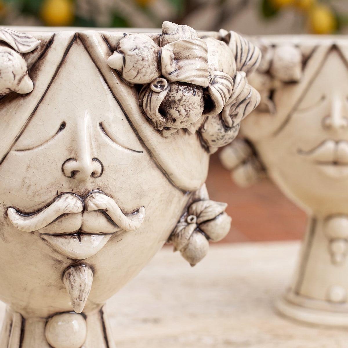 Zahira Sicilian Head Vase with Lemons H 30 cm / 11.8", Male, Antique Mother of Pearl – Testa di Moro from Caltagirone, Sicily