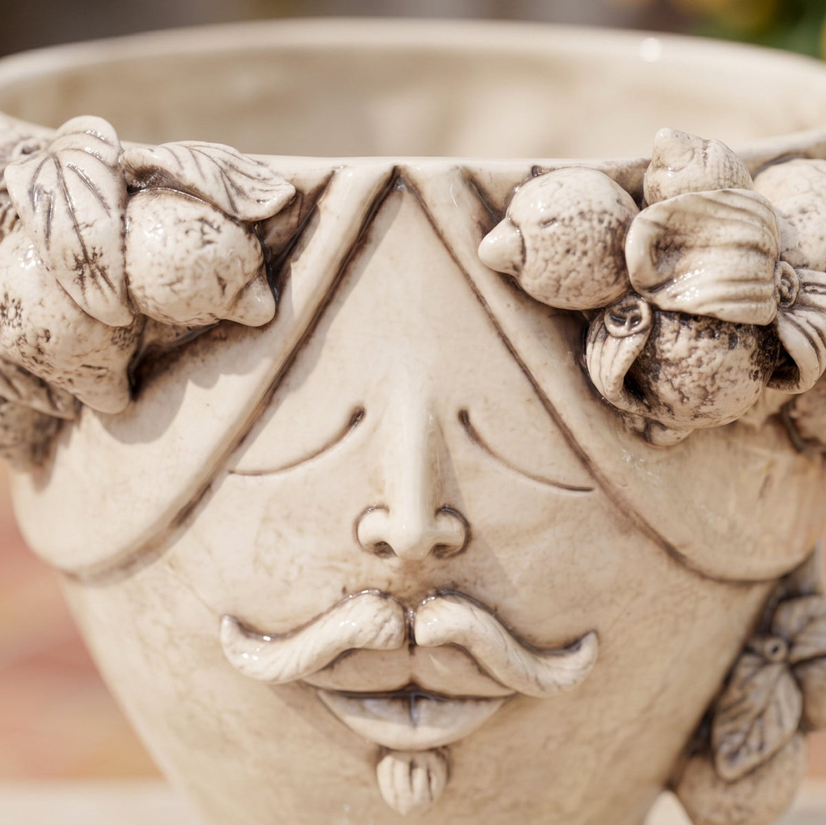 Zahira Sicilian Head Vase with Lemons H 30 cm / 11.8", Male, Antique Mother of Pearl – Testa di Moro from Caltagirone, Sicily