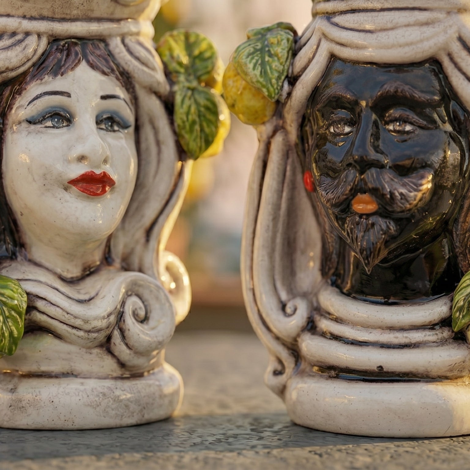 Testa di Moro Female H 15 cm / 5¾" in Caltagirone Ceramic — Sicilian Lemons, Coloured Mother of Pearl