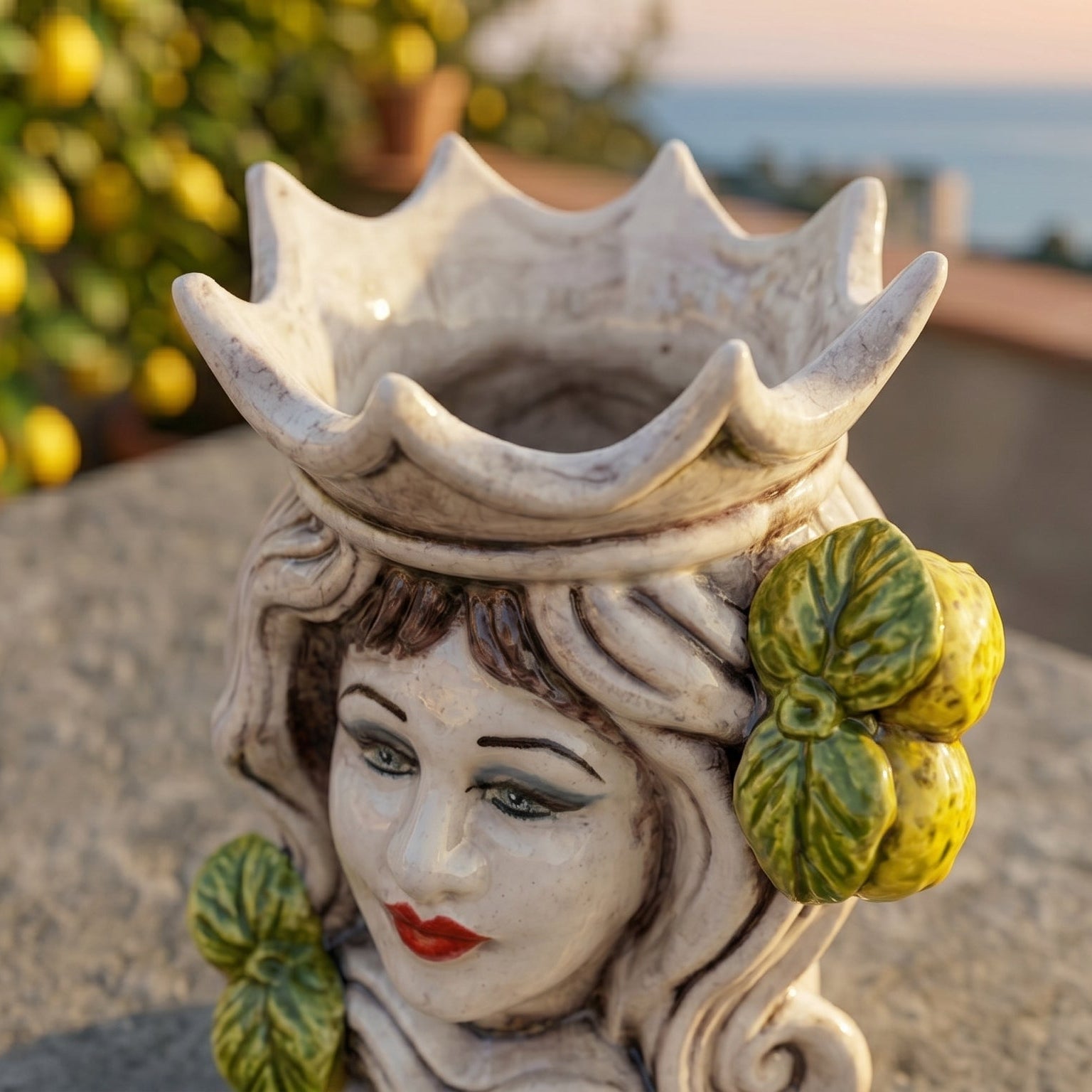 Testa di Moro Female H 15 cm / 5¾" in Caltagirone Ceramic — Sicilian Lemons, Coloured Mother of Pearl