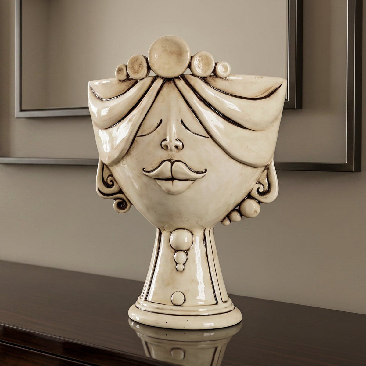 Zahira Testa di Moro Vase H 30 cm / 11.8", Woman, Antique Mother of Pearl – Testa di Moro from Caltagirone, Sicily