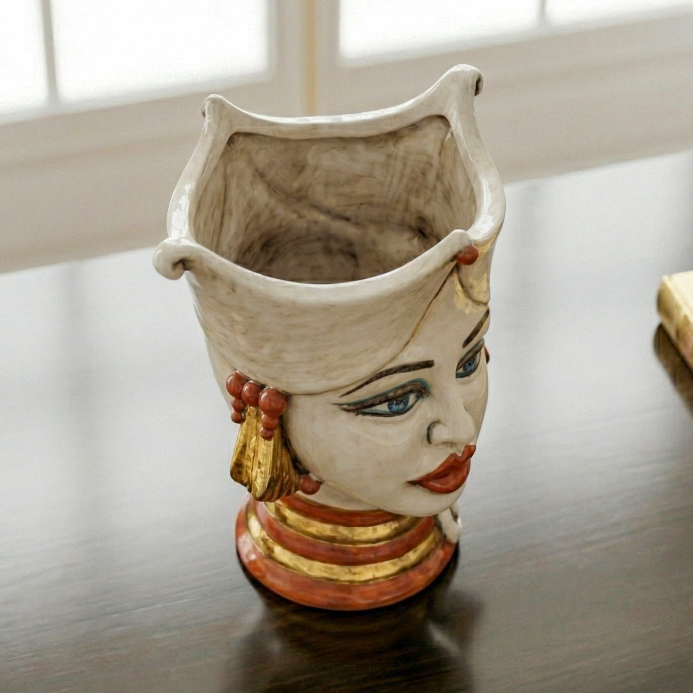 Aisha Sicilian Head Vase H 25 cm / 9.8", Woman, Mother of Pearl – Testa di Moro from Caltagirone, Sicily