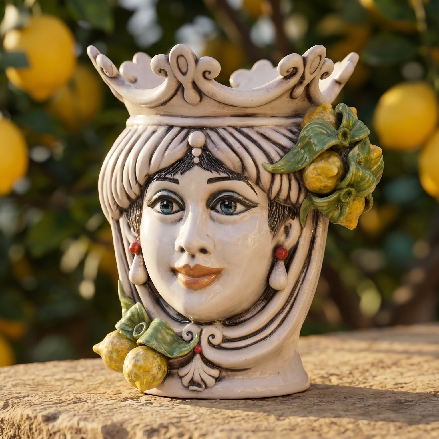 Sicilian Moor's Head with Lemons H 25 cm / 9.8", Woman, Mother of Pearl – Testa di Moro from Caltagirone, Sicily