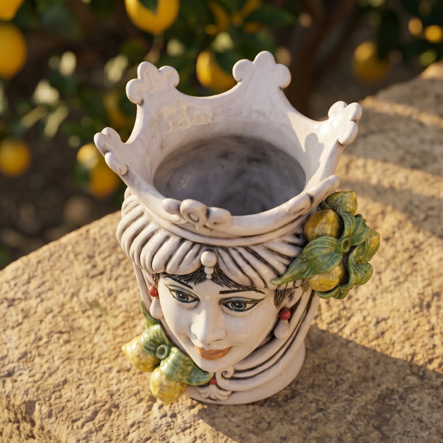 Sicilian Moor's Head with Lemons H 25 cm / 9.8", Woman, Mother of Pearl – Testa di Moro from Caltagirone, Sicily