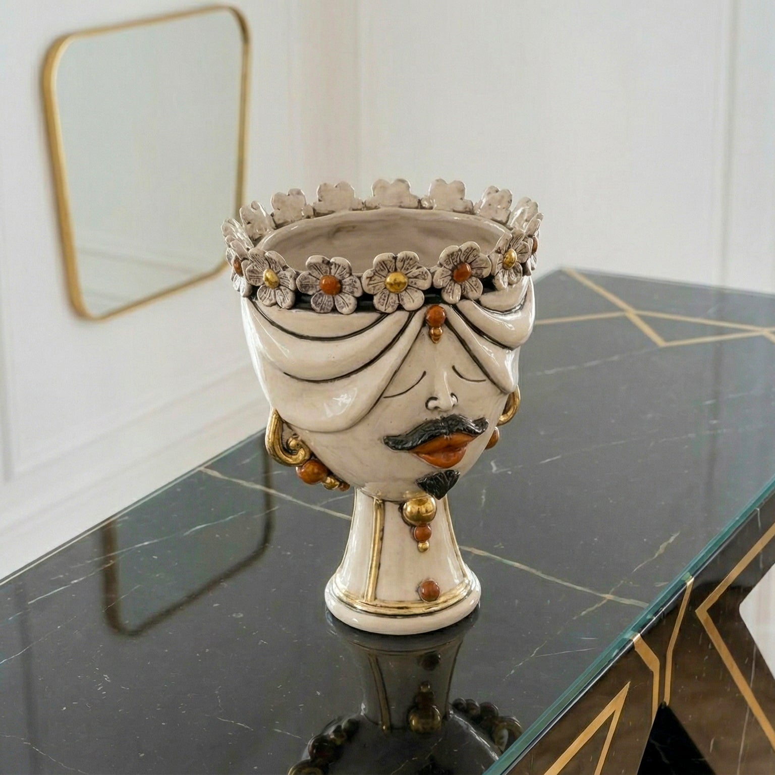 Sicilian Head Vase with Flowers H 30 cm / 11.8", Man, Antique Mother of Pearl – Testa di Moro from Caltagirone, Sicily