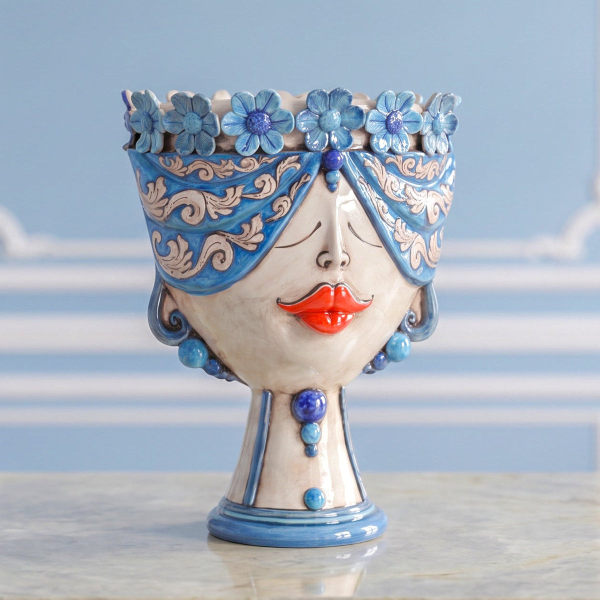 Sicilian Head Vase with Flowers H 30 cm / 11.8", Woman, Antique Mother of Pearl – Testa di Moro from Caltagirone, Sicily
