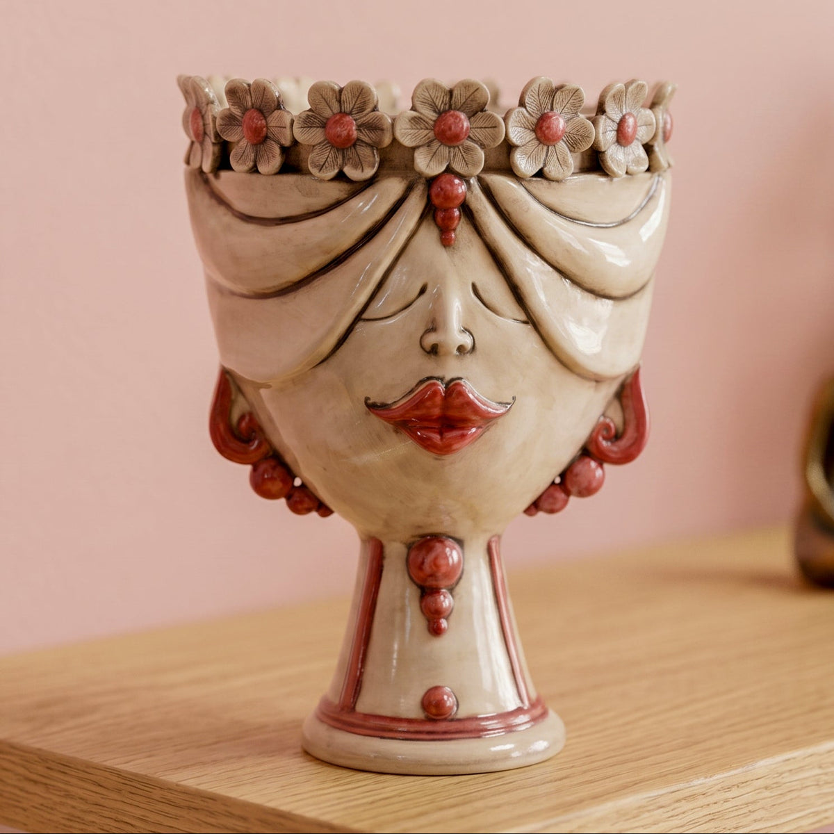 Sicilian Moor's Head with Flowers H 30 cm / 11.8", Woman, Antique Mother of Pearl – Testa di Moro from Caltagirone, Sicily