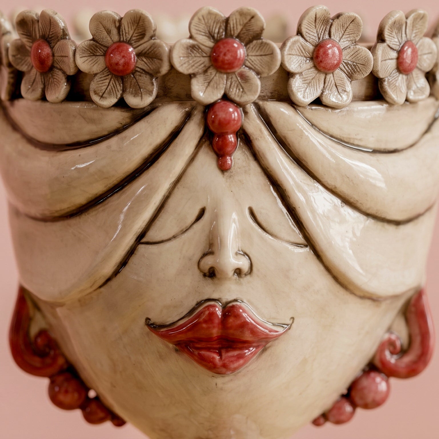 Sicilian Moor's Head with Flowers H 30 cm / 11.8", Woman, Antique Mother of Pearl – Testa di Moro from Caltagirone, Sicily