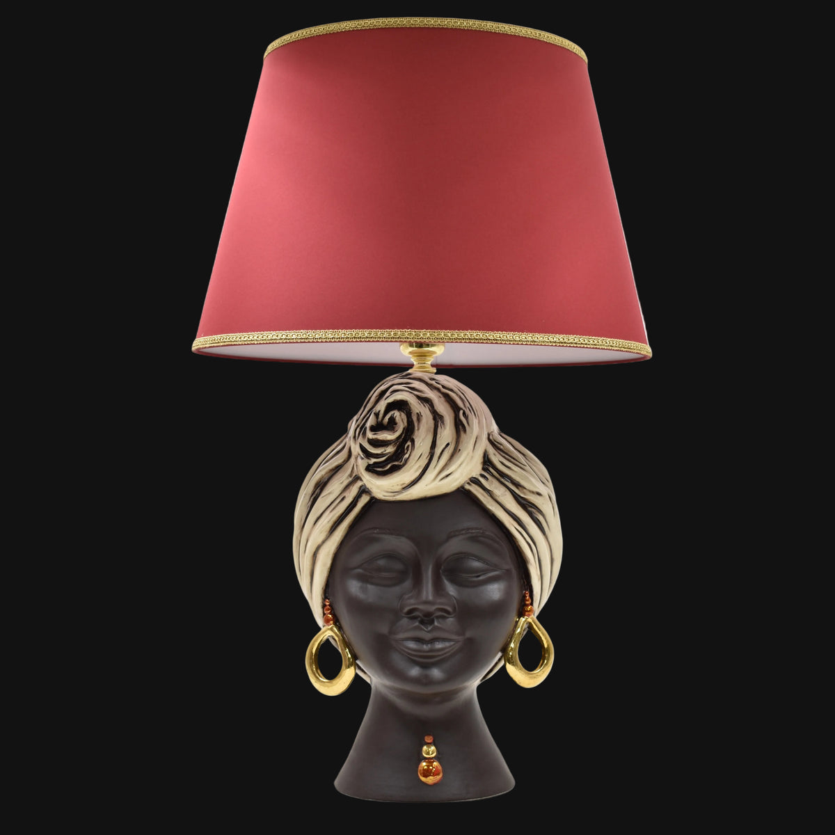 Sognia Head Lamp H 63 cm / 24¾" (Ceramic H 40 cm / 15¾", Fabric Lampshade Ø 40 cm / 15¾"), Antique Mother of Pearl, Gold and Lustre, Matte Face – Testa di Moro from Caltagirone, Sicily