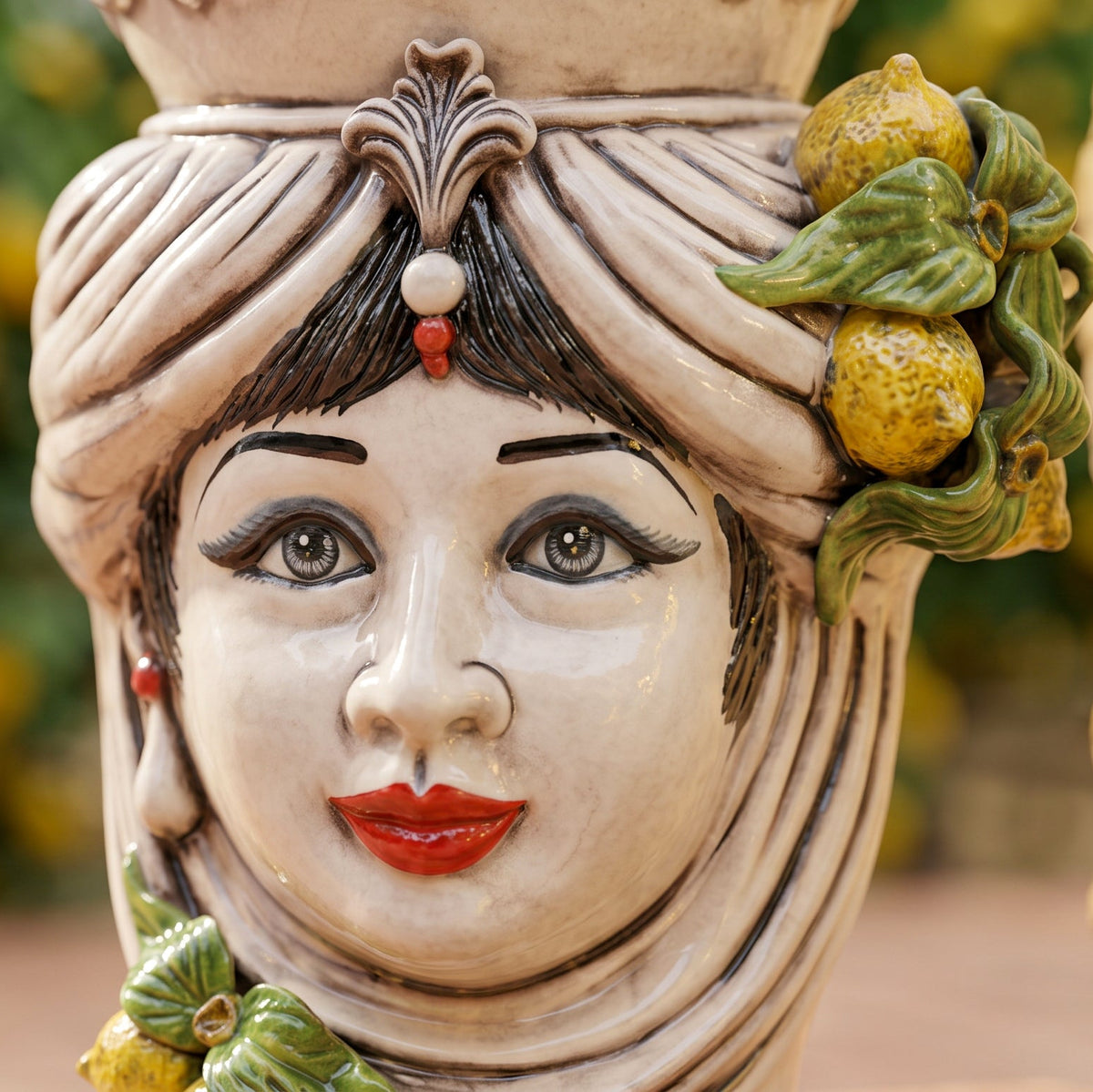 Moor's Head Vase with Lemons H 40 cm / 15¾", Woman, Colored Mother of Pearl – Testa di Moro from Caltagirone, Sicily