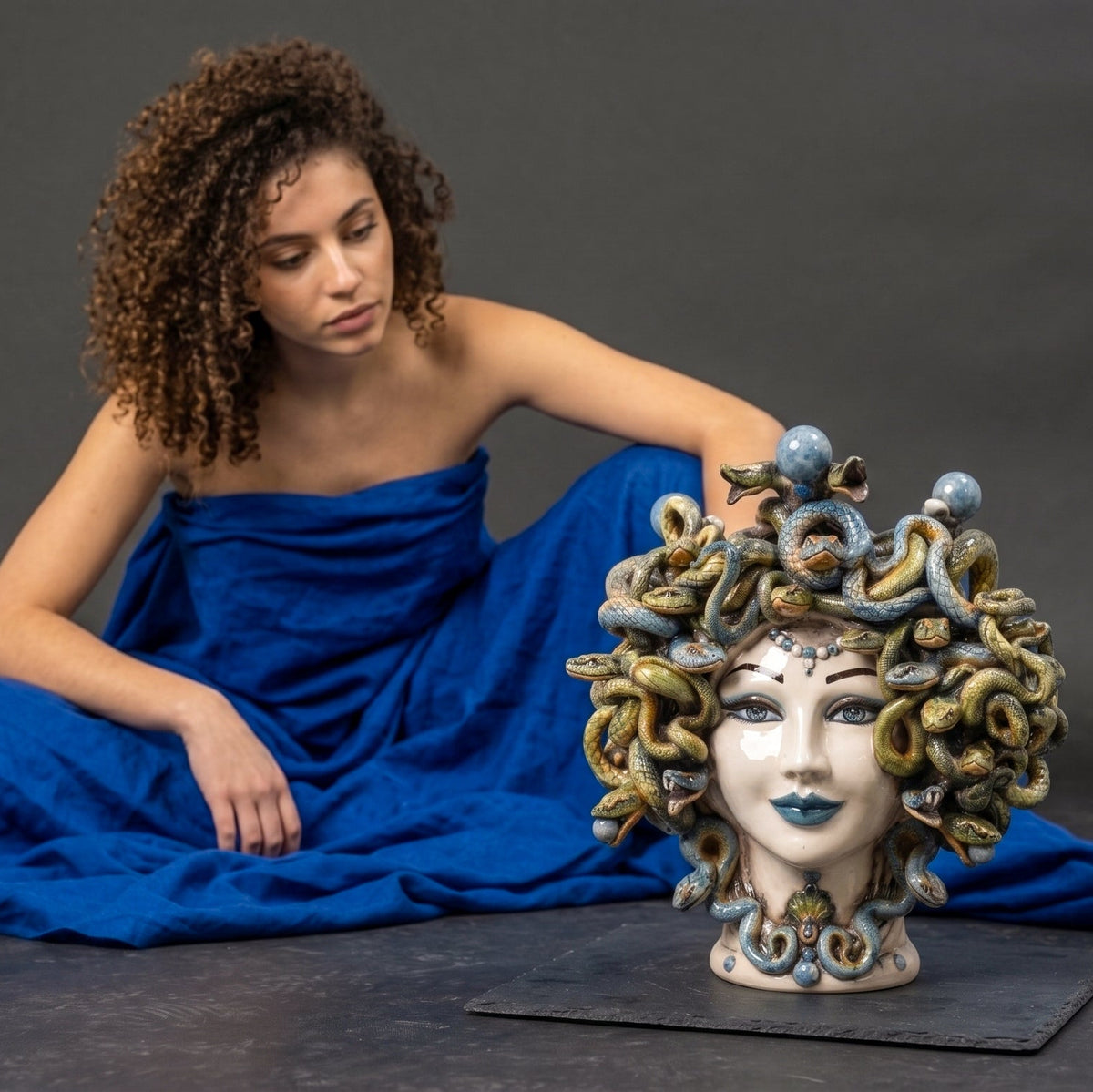 Medusa Head Vase with Blue Beads H 30 cm / 11.8", Antique Mother of Pearl – Testa di Moro from Caltagirone, Sicily