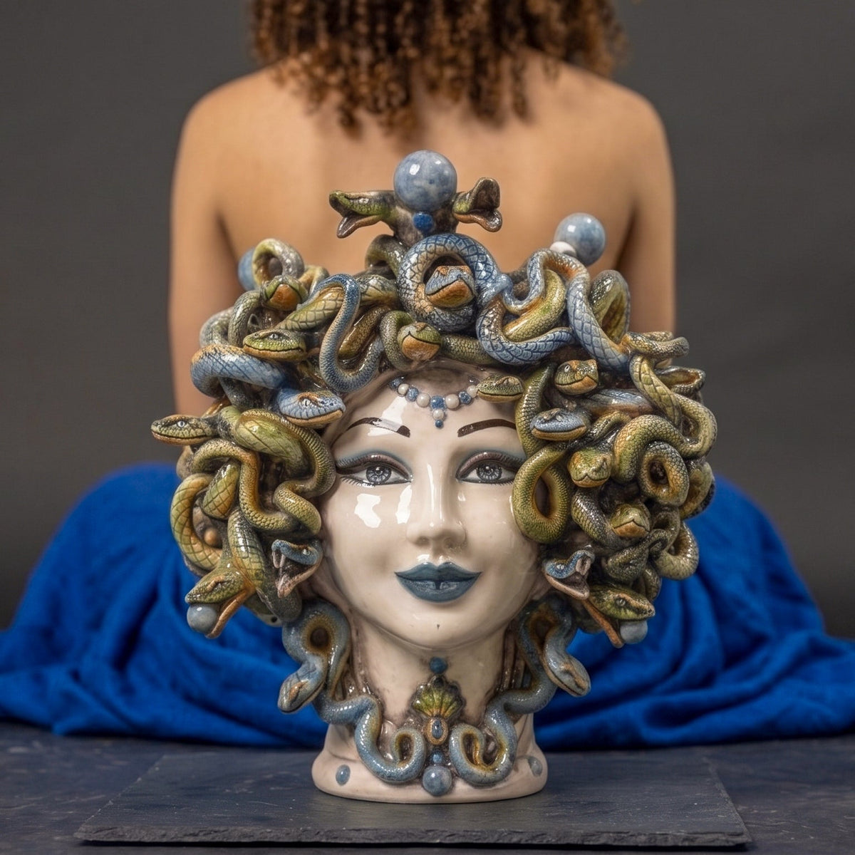 Medusa Head Vase with Blue Beads H 30 cm / 11.8", Antique Mother of Pearl – Testa di Moro from Caltagirone, Sicily