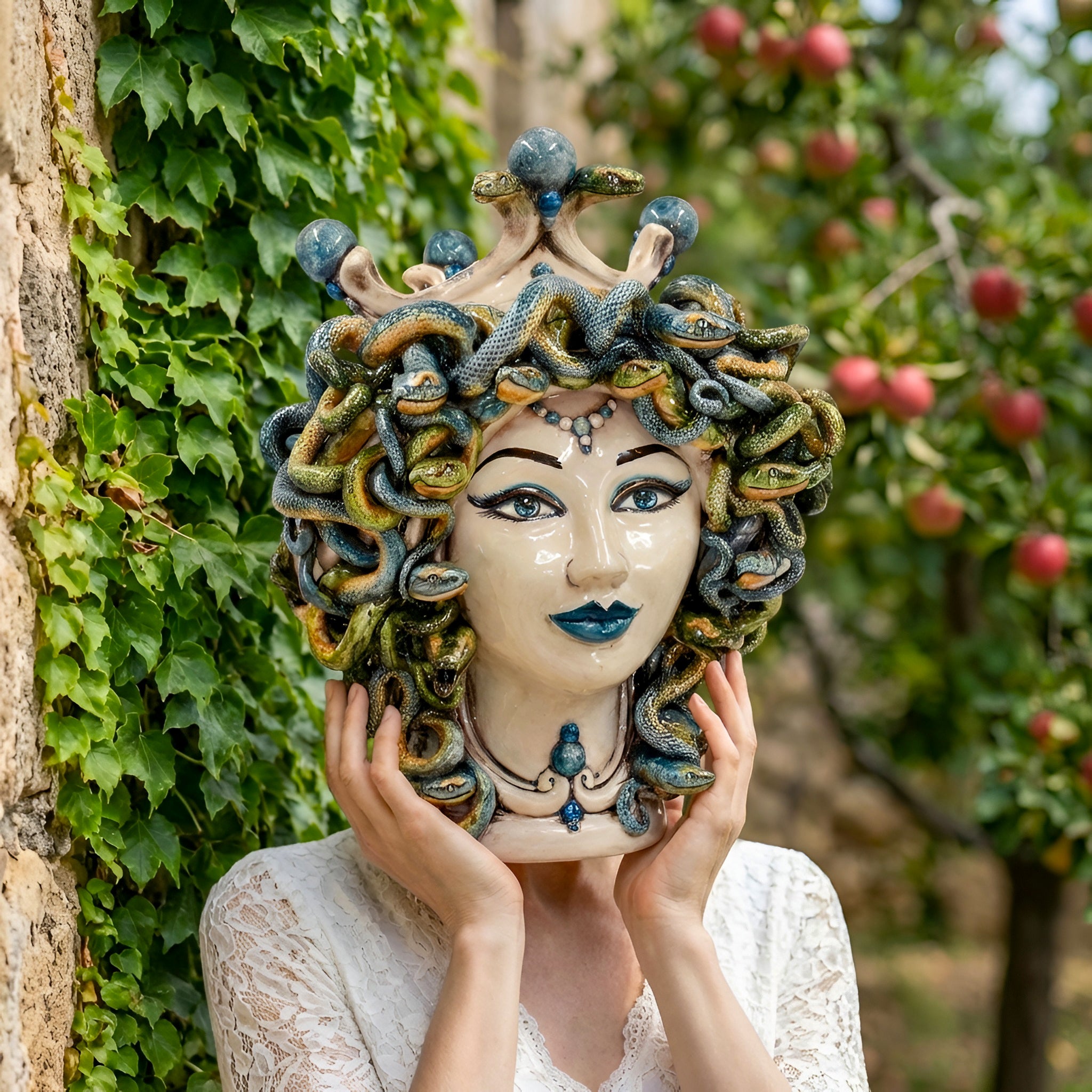 Medusa Head Vase H 30 cm / 11.8", Antique Mother of Pearl – Testa di Moro from Caltagirone, Sicily