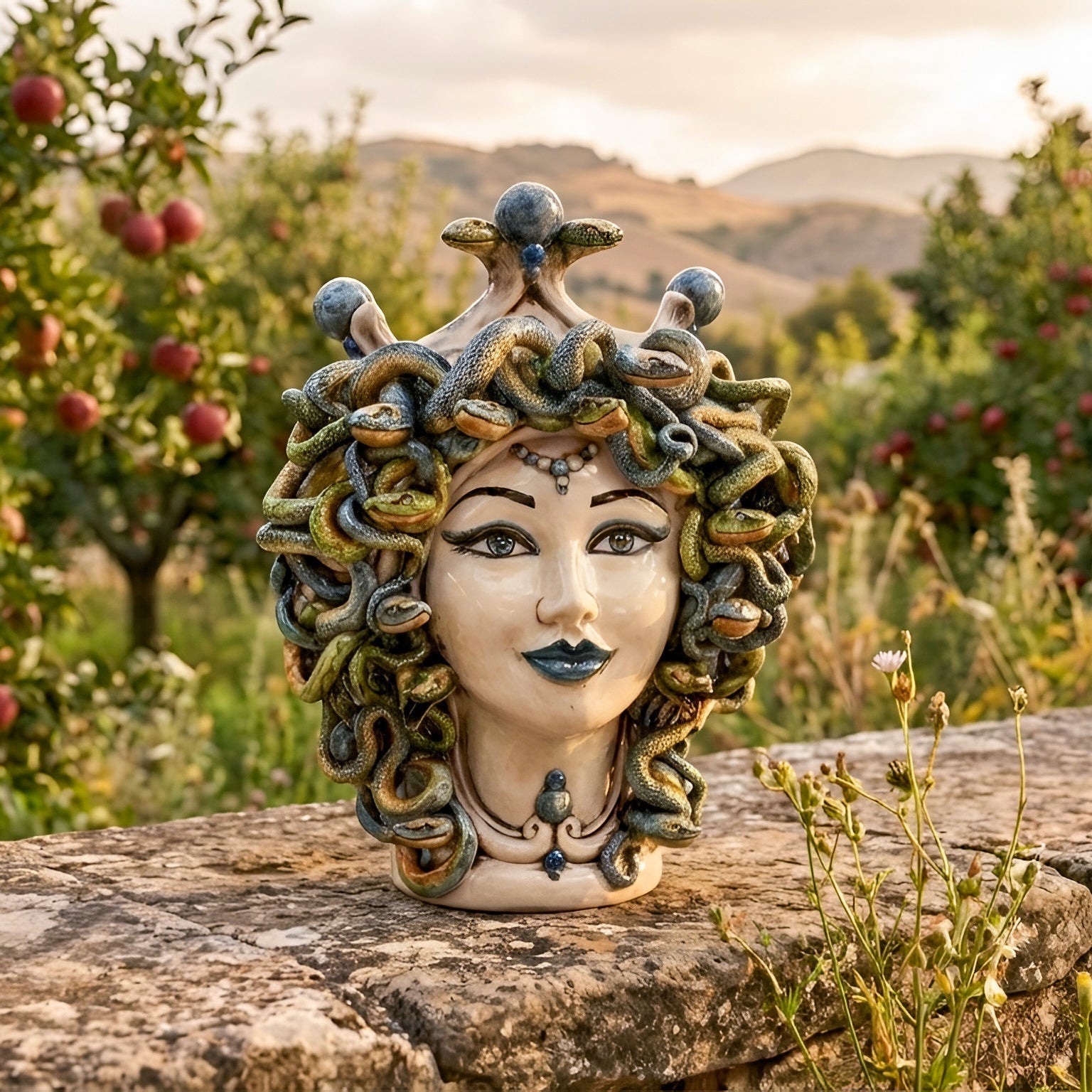 Medusa Head Vase H 30 cm / 11.8", Antique Mother of Pearl – Testa di Moro from Caltagirone, Sicily
