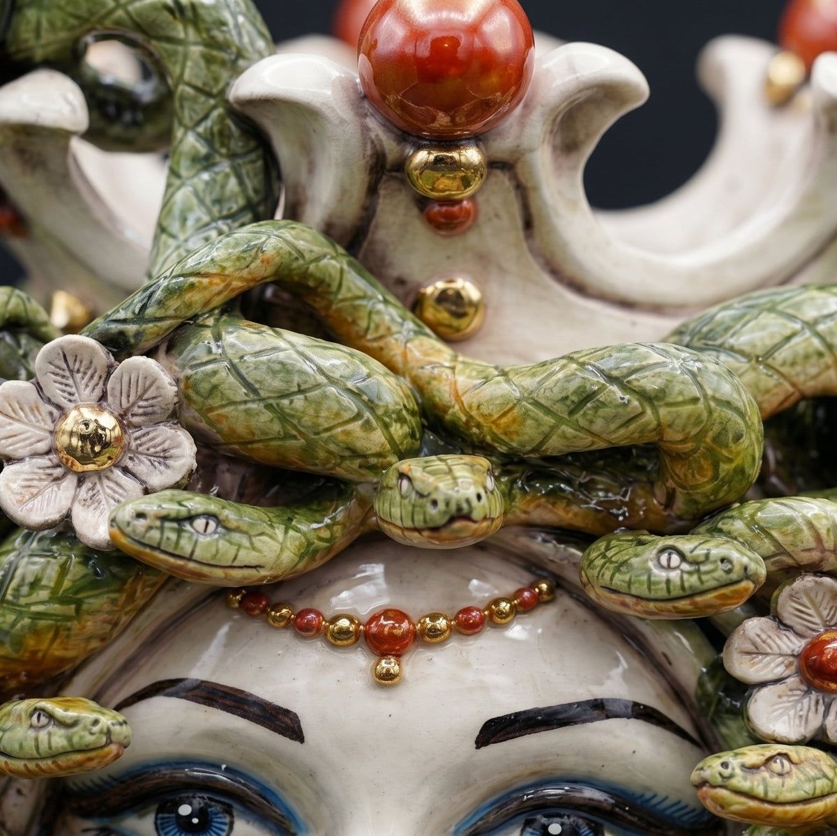 Medusa Head Vase with Flowers H 38 cm / 15", Antique Mother of Pearl, Gold and Lustres – Testa di Moro from Caltagirone, Sicily