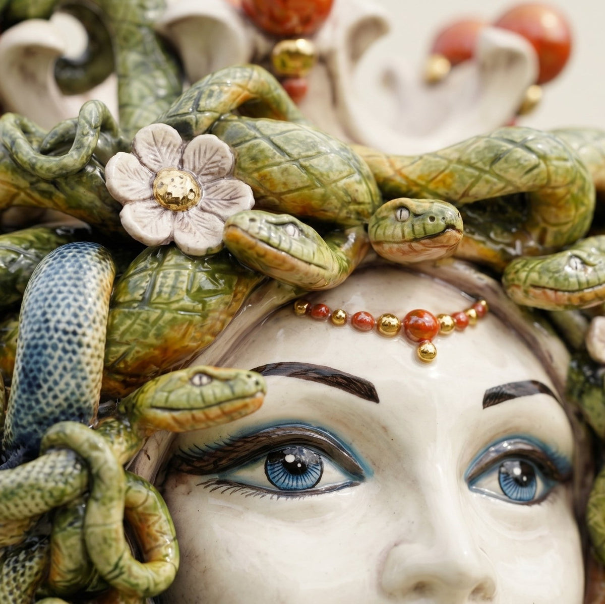 Medusa Head Vase with Flowers H 38 cm / 15", Antique Mother of Pearl, Gold and Lustres – Testa di Moro from Caltagirone, Sicily