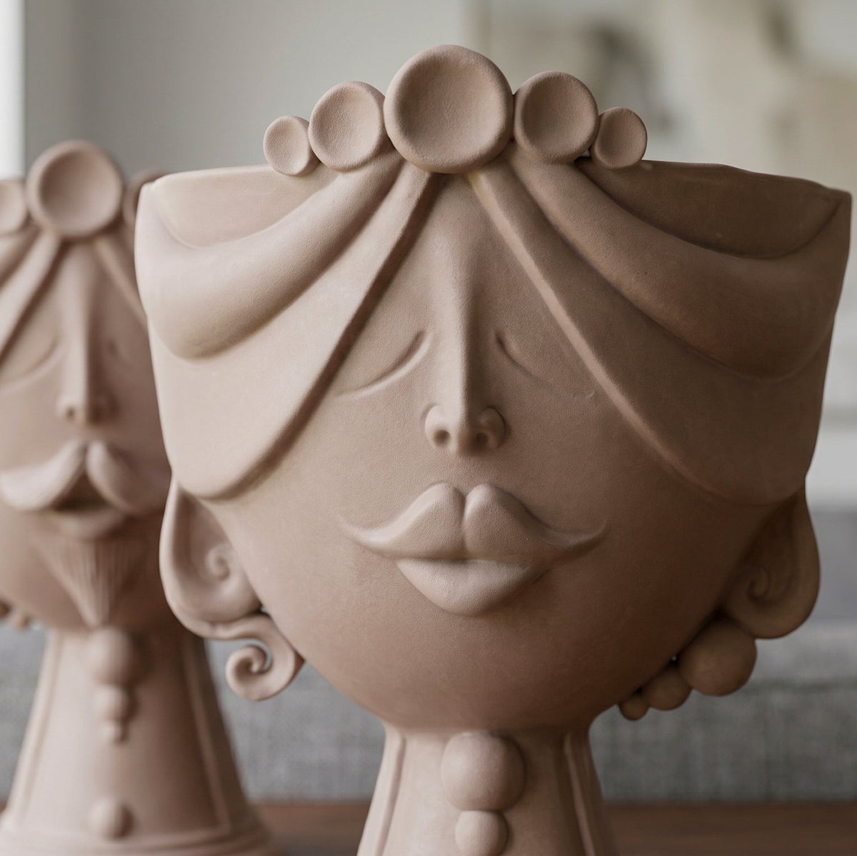 Zahira Sicilian Moor's Head H 30 cm / 11.8", Woman, Matte Taupe – Testa di Moro from Caltagirone, Sicily