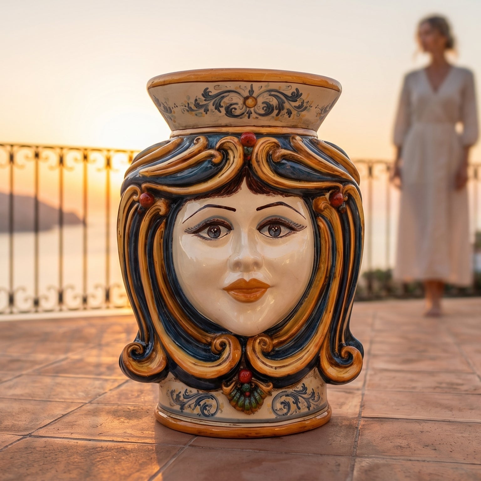 Sicilian Ceramic Ottoman, Blue and Orange – Caltagirone Ceramic – Sicilian artisan tradition