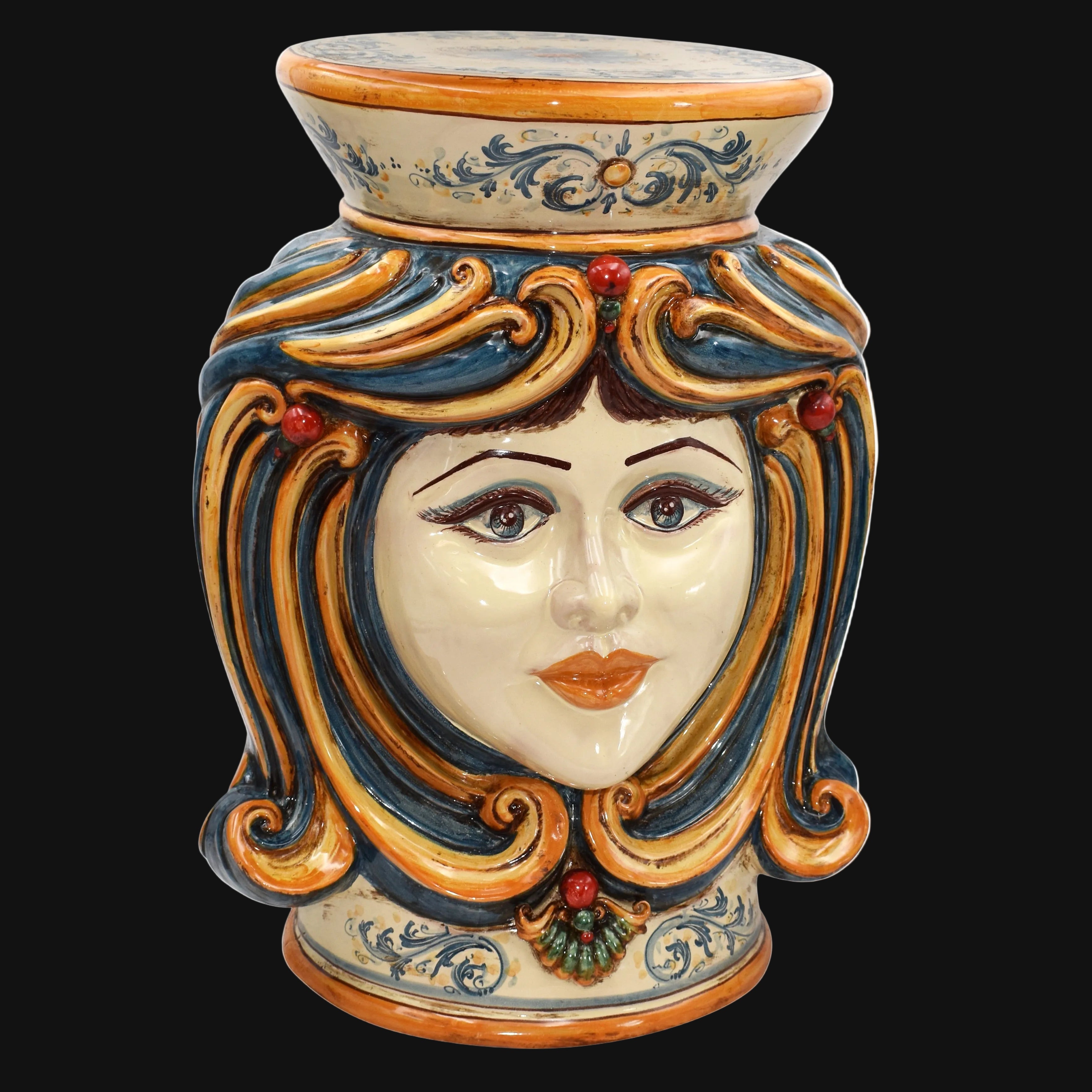 Sicilian Ceramic Ottoman, Blue and Orange – Caltagirone Ceramic – Sicilian artisan tradition