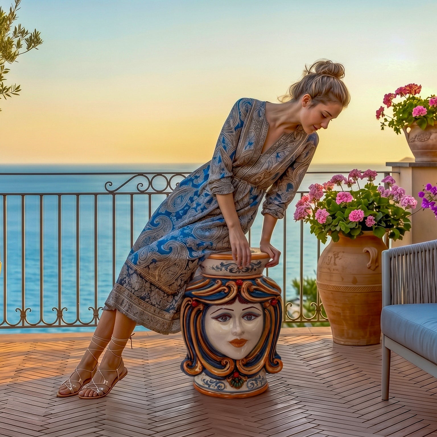 Sicilian Ceramic Ottoman, Blue and Orange – Caltagirone Ceramic – Sicilian artisan tradition