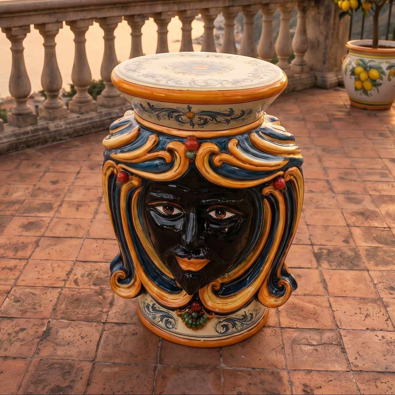 Sicilian Ceramic Ottoman, Blue and Orange – Caltagirone Ceramic – Sicilian artisan tradition