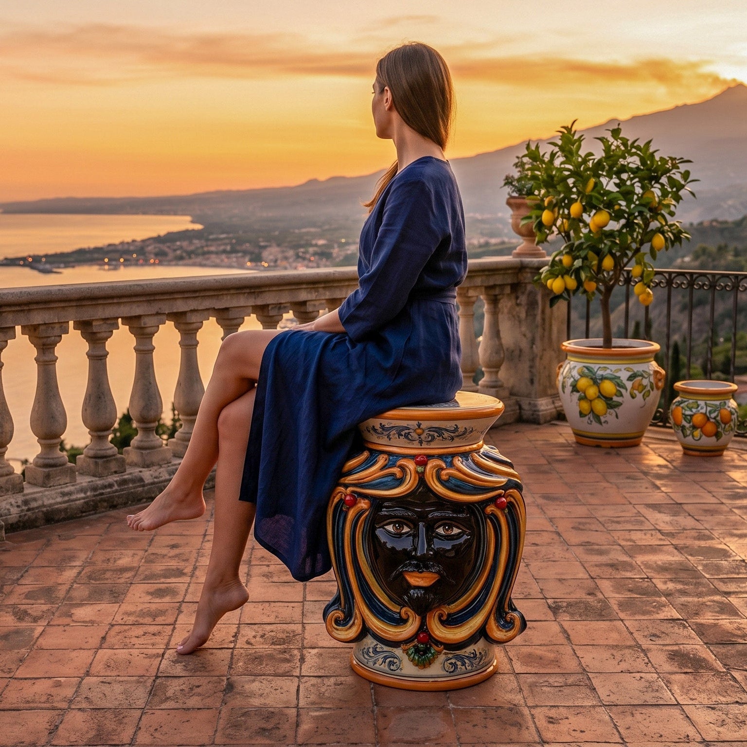 Sicilian Ceramic Ottoman, Blue and Orange – Caltagirone Ceramic – Sicilian artisan tradition