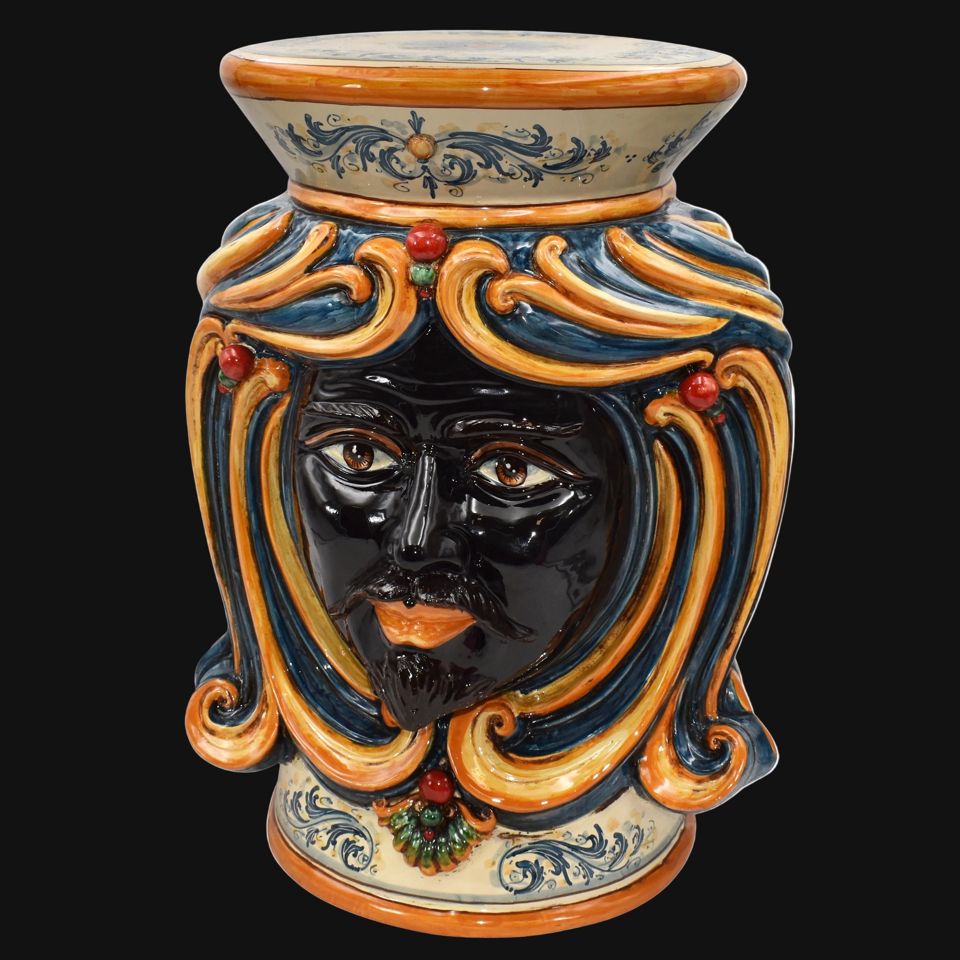 Sicilian Ceramic Ottoman, Blue and Orange – Caltagirone Ceramic – Sicilian artisan tradition
