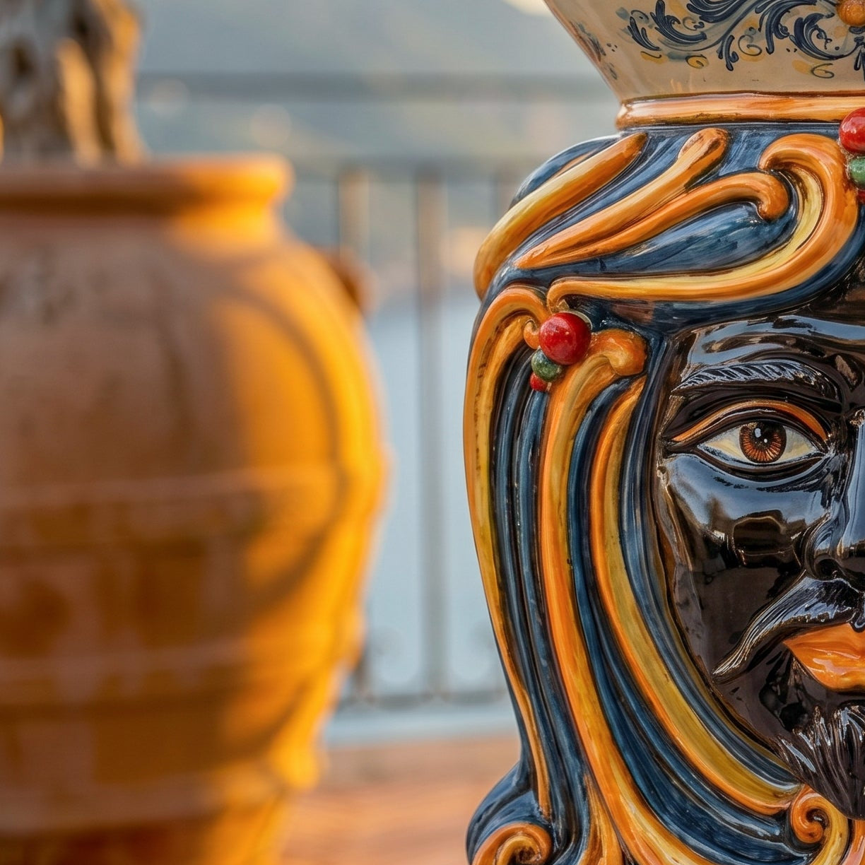 Sicilian Ceramic Ottoman, Blue and Orange – Caltagirone Ceramic – Sicilian artisan tradition