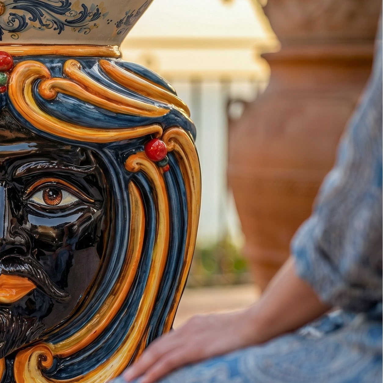 Sicilian Ceramic Ottoman, Blue and Orange – Caltagirone Ceramic – Sicilian artisan tradition