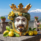 Testa di Moro con Limoni, Maschio Bianco, Verde e Arancio. Ceramica siciliana di Caltagirone, Sofia