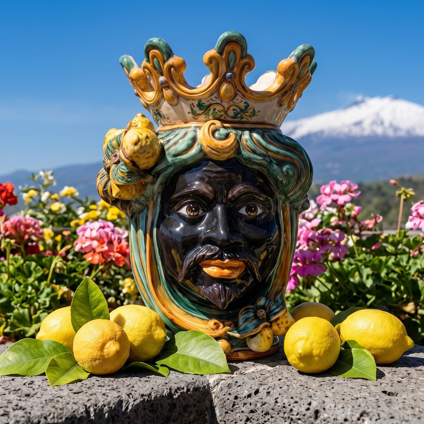 Caltagirone Moor's Head Vase h 40 cm — Moro Male, Sicilian Lemons, Green and Orange | Ceramica Caltagirone