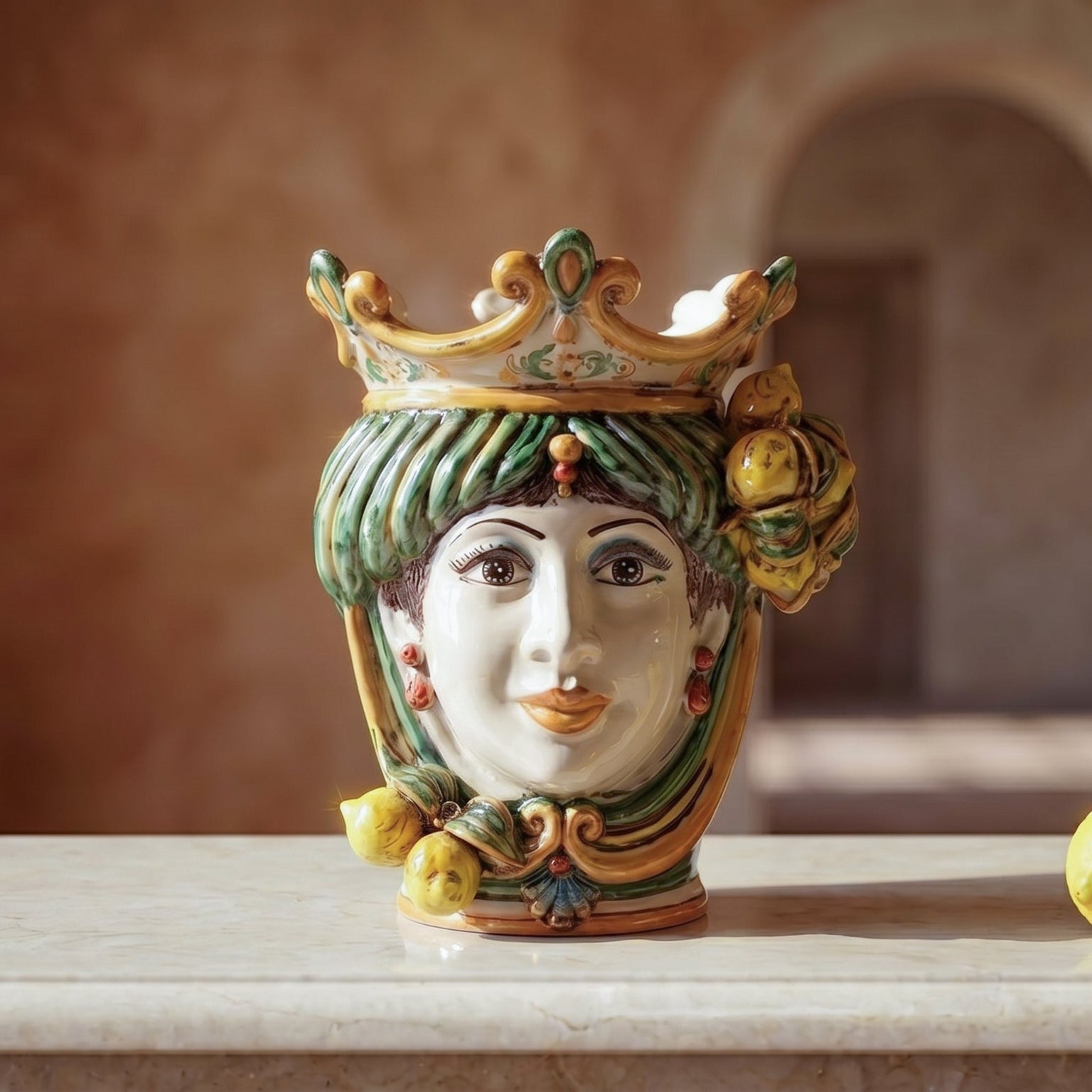 Sicilian Head Vase with Lemons H 25 cm / 9.8", Woman, Green and Orange – Testa di Moro from Caltagirone, Sicily